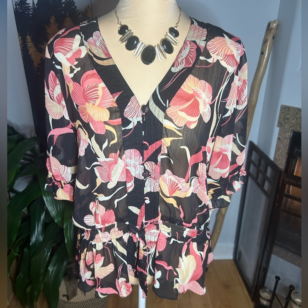 Worthington sz12 women’s sheer floral blouse ruffle sleeves fit flare waistline